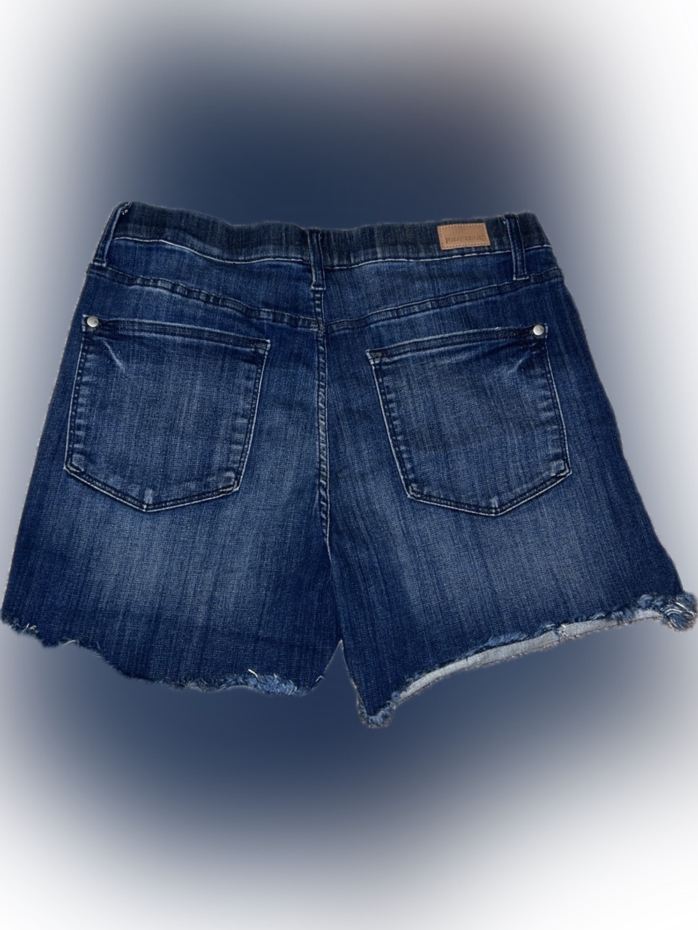 Judy Blue Dark Wash Blue Frayed Hem Pull On Mid To High Waist Denim Shorts XL - Picture 6 of 14